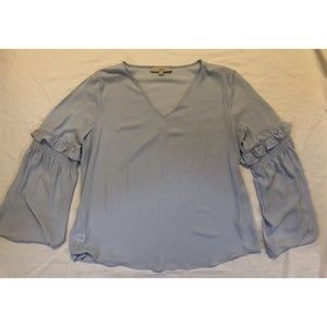 Ann Taylor LOFT  Women’s Large Blouse V-Neck Ruffle Bell Sleeve Light Blue